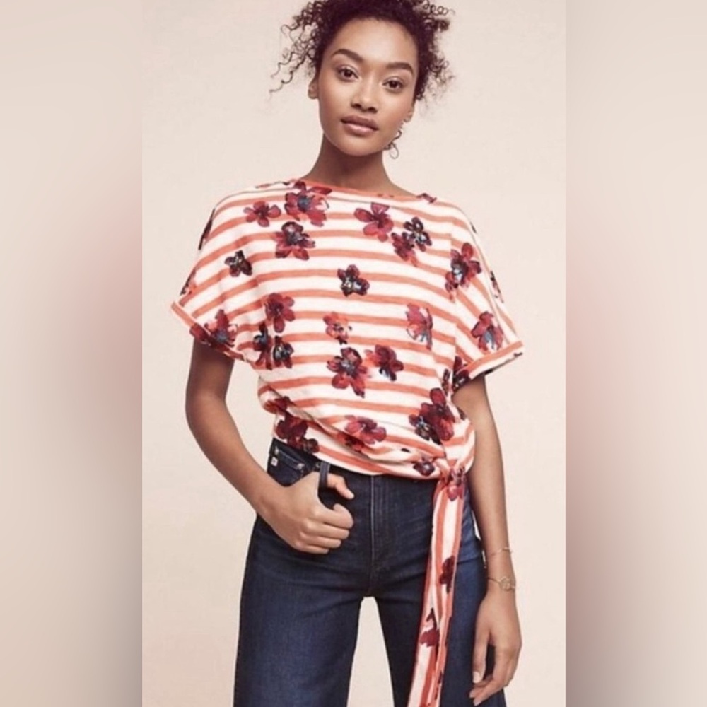 Anthropologie Postmark Striped Floral Crop Top Size S Red White Tie Front